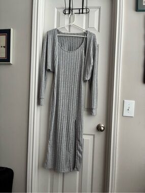 Gray Ribbed Long Sleeve Midi Dress Medium SHEIN